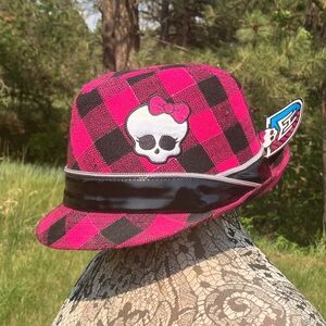 New with Tags Monster High Pink & Black Plaid Skull Fedora Hat